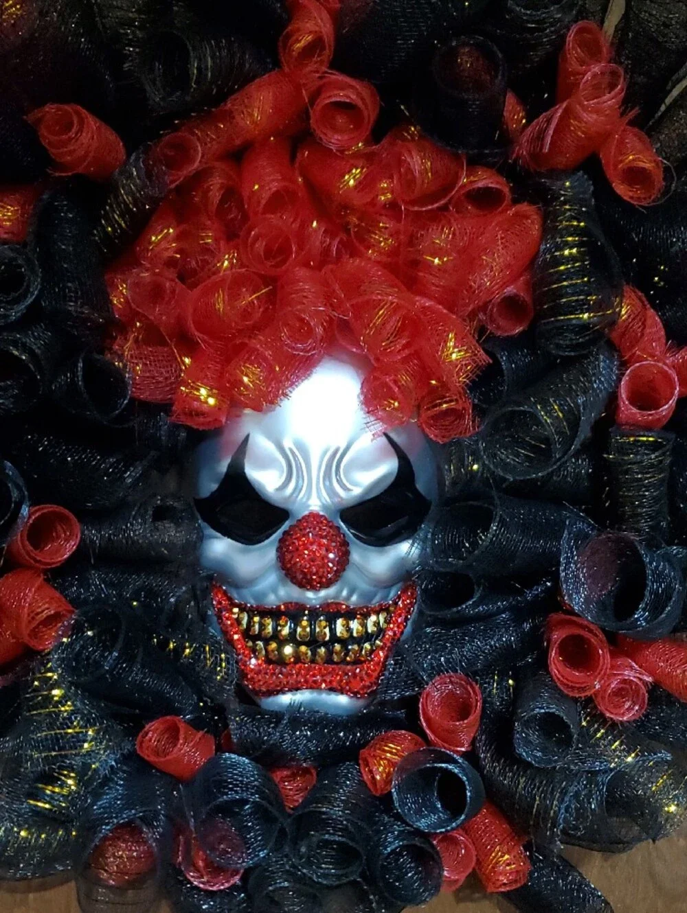 Red & Black Clown Holiday Wreath - Dramatic Halloween Door Accent